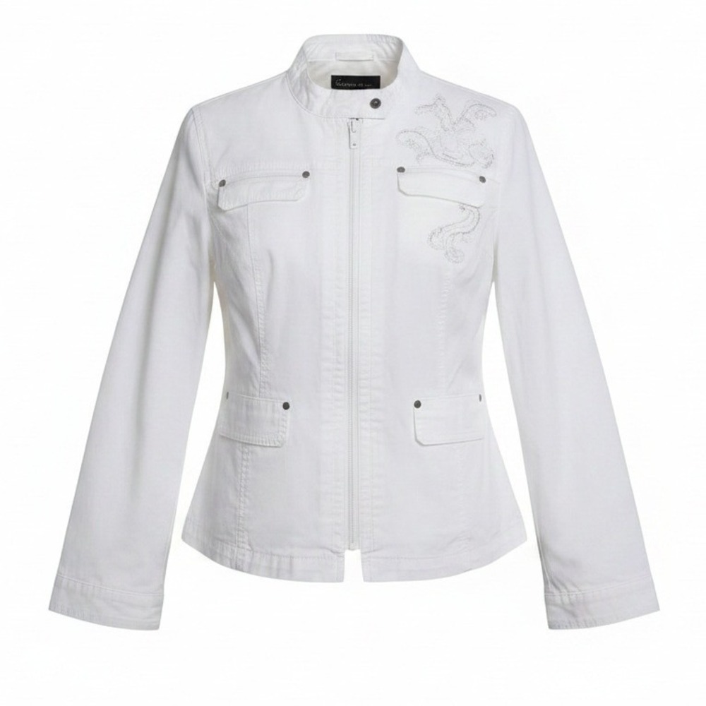 Lane Bryant Funnel Mock Neck cream lightweight embellished zip up jacket 14/16